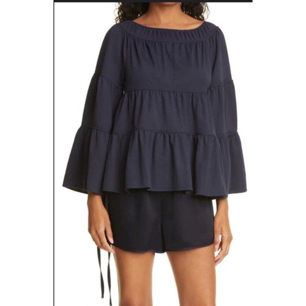 REBECCA TAYLOR Tiered Pique Blouse size S, navy blue